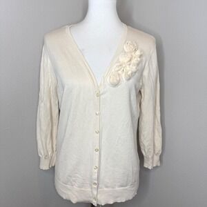 LAUREN RALPH‎ LAUREN Silk Cardigan LG Button Fabric Flowers Cream Twee Classic